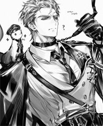 Rule 34 | 1boy, ?, animal, animal on shoulder, badge, baegji13, belt, chain, closed mouth, collar, collared shirt, ermine, formal clothes, gloves, greyscale, hand up, hat, holding, holding own leash, jacket, jacket on shoulders, korean text, leash, long sleeves, male focus, military, military hat, military uniform, monochrome, necktie, nu carnival, quincy (nu carnival), shirt, short hair, shoulder belt, simple background, solo, third-party source, topper (nu carnival), upper body, vest, weasel, white background