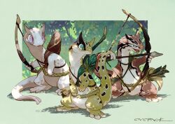 animal animal_focus arrow_(projectile) artist_name belt blue_eyes border bow_(weapon) clothed_animal commentary dappled_sunlight day drawing_bow fangs forest full_body gecko green_border green_eyes highres holding holding_bow_(weapon) holding_weapon leaf murayama_ryota nature no_humans open_mouth original outdoors outside_border pink_eyes reptile signature slit_pupils smile standing sunlight tail weapon weapon_on_back