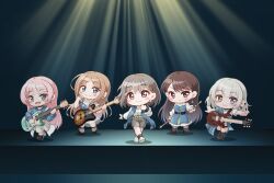 5girls bang_dream! bang_dream!_it&#039;s_mygo!!!!! bass_guitar belt black_belt black_boots black_choker black_hair black_pantyhose black_socks blue_dress blue_eyes blue_jacket blush boots brown_eyes brown_hair chibi chibi_only chihaya_anon choker closed_mouth collared_shirt commentary dress drumsticks ear_piercing earrings electric_guitar fang full_body grey_eyes grey_hair grey_skirt guitar hand_up heterochromia highres holding holding_drumsticks holding_guitar holding_instrument instrument jacket jewelry jiwon_(sj1) kaname_raana long_hair long_sleeves looking_at_viewer medium_hair mismatched_earrings mole mole_under_eye multiple_girls mygo!!!!!_(bang_dream!) nagasaki_soyo open_clothes open_jacket open_mouth pantyhose piercing pink_hair purple_eyes shiina_taki shirt short_hair short_sleeves sidelocks simple_background single_earring skirt smile socks takamatsu_tomori thigh_strap white_background white_dress white_hair white_shirt white_skirt yellow_eyes