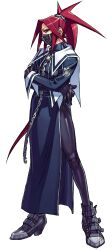 Rule 34 | 1girl, absurdres, black boots, boots, capelet, chain, crossed arms, edaki shin&#039;ya, full body, game cg, gloves, hand on own arm, hand on own hip, highres, himezaki aoi, holding, holding chain, justice gakuen, leather strap, long hair, mask, moero! justice gakuen, mouth mask, non-web source, official art, ponytail, red hair, school uniform, side slit, simple background, solo, spandex, standing, white background, white capelet