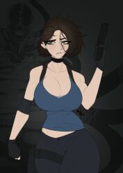 Rule 34 | 1boy, 1girl, absurdres, arm at side, artist logo, artist name, black gloves, black pants, blue shirt, breasts, brown hair, capcom, clothes lift, collarbone, cowboy shot, cursed equinox, earrings, expressionless, eyelashes, eyeliner, fingerless gloves, gloves, green eyes, grey background, gun, half-closed eyes, hand up, handgun, highres, holding, holding weapon, jewelry, jill valentine, large breasts, logo, looking at viewer, makeup, medium hair, monster, nemesis (resident evil), pants, parted lips, resident evil, resident evil 3: nemesis, shirt, shirt lift, simple background, sleeveless, sleeveless shirt, solo focus, standing, teeth, weapon, wide hips