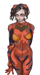 1girl absurdres arm_at_side arm_behind_back black_eyes black_hair blush bodysuit breasts chudjak_(mossacannibalis) cosplay cowboy_shot embarrassed genderswap genderswap_(mtf) glasses highres interface_headset_(evangelion) long_hair mecha_pilot_suit meme mossacannibalis multicolored_bodysuit neon_genesis_evangelion parted_lips pepe_the_frog plugsuit_(evangelion) rectangular_eyewear red_bodysuit sideways_glance simple_background solo souryuu_asuka_langley souryuu_asuka_langley_(cosplay) spread_fingers sweat twintails white_background