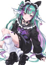 1girl absurdres aqua_hair bandaid bandaid_on_leg black_hair bracelet choker earrings finana_ryugu finana_ryugu_(jirai_kei) fins fish_skeleton_hair_ornament grin head_fins head_tilt highres jewelry kneehighs kuraku_clack light_blush long_hair long_sleeves looking_at_viewer loose_socks maid_headdress multicolored_hair multiple_earrings necklace nijisanji nijisanji_en o-ring o-ring_choker pearl_bracelet pink_hair platform_shoes purple_eyes purple_hair scales side_ponytail simple_background sitting sleeves_past_wrists smile socks solo streaked_hair very_long_hair virtual_youtuber white_background