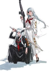 2girls alternate_costume arm_at_side assault_rifle beak_(girls&#039;_frontline) black_choker black_sailor_collar black_serafuku black_shirt black_skirt choker cigarette closed_mouth clothes_writing commentary_request covered_mouth delinquent eyepatch floating_hair full_body girls&#039;_frontline grey_hair gun highres holding holding_cigarette holding_gun holding_sword holding_weapon horns long_hair long_skirt long_sleeves low-braided_long_hair low-tied_long_hair m16 m16a1_(boss)_(girls&#039;_frontline) m16a1_(girls&#039;_frontline) mask mouth_mask multicolored_hair multiple_girls orange_hair osakana_(denpa_yun&#039;yun) over_shoulder red_eyes rifle sailor_collar school_uniform serafuku shinai shirt simple_background skirt spread_legs squatting standing streaked_hair sukeban sword weapon weapon_over_shoulder white_background white_sailor_collar white_serafuku white_shirt white_skirt yellow_eyes