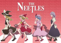 4girls abbey_road album_cover_redraw crosswalk derivative_work english_text female_focus flandre_scarlet hat highres izayoi_sakuya kirisame_marisa maid mary_janes multiple_girls neet parody profile pun remilia_scarlet ribbon shoes short_hair the_beatles touhou uousa-ou vampire witch witch_hat