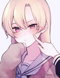 2girls blonde_hair blush cheek_poking closed_mouth half-closed_eyes hand_on_own_chin highres hiyama_yurina kimura_honoka kuu_(abc823) long_hair long_sleeves looking_at_viewer multiple_girls pink_eyes poking pov raised_eyebrow school_uniform shoujo_manga_shujinkou_x_rival-san twitter_username upper_body white_background