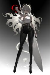 1girl absurdres arm_strap arm_up bare_shoulders black_choker black_gloves black_horns black_pants black_shoes breasts choker closed_mouth collarbone commentary curled_horns earrings full_body gloves gradient_background greatsword hair_between_eyes high-waist_pants highres holding holding_behind_back holding_sword holding_sword_behind_back holding_weapon holding_weapon_behind_back horns horz jewelry key_earrings large_breasts long_hair looking_at_viewer necktie necktie_around_wrists pants red_eyes red_necktie shirt shoes solo sword tail tight_clothes tight_pants torn_clothes torn_shirt very_long_hair weapon white_hair white_shirt wuthering_waves zani_(wuthering_waves)