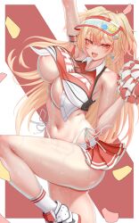 Rule 34 | 1girl, :d, absurdres, areola slip, arm strap, arm up, armpits, arms up, bare shoulders, belt, blonde hair, blush, border, breasts, cheerleader, clay (nikke), clothes writing, collared shirt, confetti, covered erect nipples, crop top, crossed bangs, diagonal-striped background, goddess of victory: nikke, hair between eyes, high tops, highleg, highleg panties, highres, holding, holding pom poms, huge breasts, knee up, large breasts, linea alba, long hair, looking at viewer, miniskirt, navel, open mouth, panties, pleated skirt, pom pom (cheerleading), pom poms, red eyes, red skirt, shirt, shoes, side-tie panties, skirt, sleeveless, smile, sneakers, socks, solo, stomach, striped background, sweat, thick thighs, thighs, toned, toned female, two-tone background, two-tone tank top, underboob, underwear, very long hair, visor cap, whistle, whistle around neck, white belt, white border, white socks, zakcura