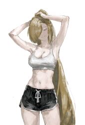 1girl =_= armpits arms_up blonde_hair closed_eyes closed_mouth dolphin_shorts highres navel non-web_source shorts sports_bra