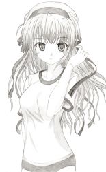 1girl absurdres adjusting_hair estel_freesia female_focus graphite_(medium) greyscale gym_uniform hairband highres long_hair monochrome rinsu simple_background solo traditional_media yoake_mae_yori_ruri_iro_na