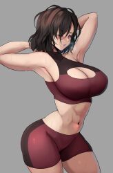 abs armpits arms_up berengaria_(unicorn_overlord) black_hair gym_shirt gym_shorts highres lainart lipstick makeup purple_eyes scar shirt short_hair shorts sweat unicorn_overlord