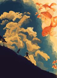 1girl 1other absurdres antlers cloud commentary deer_antlers deer_girl deltarune demon_horns english_commentary fish goldfish highres hill horns kris_(deltarune) mason_(cosmvcfire) noelle_holiday outstretched_arms running sky spread_arms surreal tree