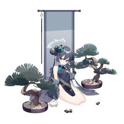 1girl absurdres aiee black_gloves black_hair blue_archive blush bonsai braid braided_bun breasts china_dress chinese_clothes closed_mouth coat double_bun dragon_print dress gloves grey_eyes hair_bun halo highres incense_burner kisaki_(blue_archive) long_hair looking_at_viewer mahjong mahjong_tile off_shoulder pelvic_curtain side_slit sidelocks simple_background sitting sleeveless sleeveless_dress small_breasts solo striped_coat vertical-striped_coat white_background