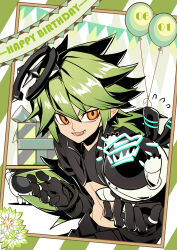Rule 34 | 1boy, absurdres, aotu world, balloon, banner, belt, black belt, black gloves, black jacket, black pants, black shirt, box, chinese commentary, crop top, cropped jacket, flower, flying sweatdrops, gift, gift box, gloves, green flower, green hair, halo, happy birthday, highres, jacket, jewelry, long hair, looking at viewer, low ponytail, male focus, midriff, multicolored eyes, multiple rings, navel, non-humanoid robot, open mouth, pants, pointy ears, ponytail, qi chuang she, red eyes, ring, robot, robots (aotu world), shirt, smile, solo, spiked hair, xander (aotu world), yellow eyes