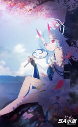 1girl absurdres bare_shoulders blue_archive blue_hair cherry_blossoms chise_(blue_archive) demon_girl demon_horns detached_sleeves hand_fan hayate_(1034853996) highres holding holding_fan horns japanese_clothes kimono looking_at_viewer parted_lips red_eyes sailor_collar sitting solo white_kimono white_sailor_collar