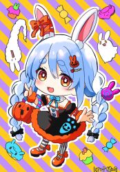 1girl animal_ear_fluff animal_ears asymmetrical_legwear black_bow black_dress black_sleeves blue_bow blue_hair bow braid brown_eyes candy candy_hair_ornament candy_wrapper chibi commentary_request cupcake detached_sleeves diagonal-striped_background don-chan_(usada_pekora) donut dress food food-themed_hair_ornament full_body fur-trimmed_dress fur_trim hair_between_eyes hair_bow hair_ornament highres hololive jack-o&#039;-lantern jack-o&#039;-lantern_hair_ornament kiritoma lollipop long_hair looking_at_viewer mismatched_legwear multicolored_hair orange_shoes outline pantyhose puffy_short_sleeves puffy_sleeves rabbit-shaped_pupils rabbit_ears shoes short_sleeves signature solo standing striped_background striped_clothes striped_pantyhose swirl_lollipop symbol-shaped_pupils twin_braids twintails two-tone_hair usada_pekora vertical-striped_clothes vertical-striped_pantyhose very_long_hair virtual_youtuber white_hair white_outline