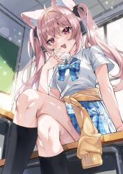 1girl :d ahoge animal_ear_fluff animal_ears black_ribbon black_socks blue_bow blue_bowtie blue_skirt blush bow bowtie breasts brown_cardigan cardigan cardigan_around_waist ceiling chalkboard checkered_clothes checkered_skirt classroom clothes_around_waist collared_shirt commentary_request crossed_legs desk fang feet_out_of_frame fox_ears fox_girl from_below gyaru hair_between_eyes hair_bow hair_ribbon hand_to_own_mouth hand_up highres indoors jacket jacket_around_waist karin_(vrchat) kneehighs lens_flare light_particles long_hair looking_at_viewer miniskirt natsuki_gemu on_desk open_mouth pink_eyes pink_hair plaid_bow plaid_bowtie plaid_clothes plaid_skirt pleated_skirt purple_eyes red_eyes ribbon school school_desk school_uniform shirt shirt_tucked_in short_sleeves sidelocks sitting skin_fang skirt small_breasts smile socks solo sweater sweater_around_waist thighs twintails vrchat white_shirt window yellow_cardigan yellow_jacket yellow_sweater