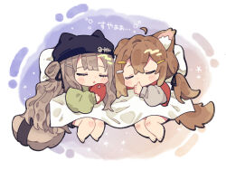 Rule 34 | 2girls, :o, ahoge, animal ear fluff, animal ears, animal hat, barefoot, beanie, black hat, blunt bangs, blush stickers, brown hair, cat hat, chibi, chibi only, closed eyes, commentary request, detached ahoge, double-parted bangs, finger sucking, full body, green sweater, grey sweater, hair ornament, hairclip, hat, highres, kipfel (vrchat), long hair, long sleeves, mamehinata, multiple girls, notamaru 2, open mouth, sleeping, squeans, sweater, tail, under covers, vrchat