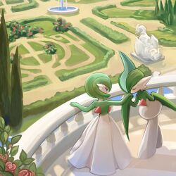 balcony bob_cut closed_eyes colored_skin dress fountain gallade garden gardevoir gen_3_pokemon gen_4_pokemon gen_5_pokemon green_hair green_skin highres legendary_pokemon momo-deary multicolored_skin nintendo pokemon pokemon_(creature) pokemon_xy reshiram second-party_source statue tree two-tone_skin white_dress white_skin