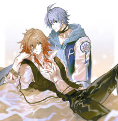 2boys antenna_hair black_choker black_pants black_vest blonde_hair blue_eyes braid chest_tattoo choker closed_mouth collared_shirt facial_tattoo gradient_hair hair_between_eyes head_rest highres honkai:_star_rail honkai_(series) hood hood_down hooded_jacket jacket male_focus medium_hair multicolored_hair multiple_boys mydei_(honkai:_star_rail) open_clothes open_shirt open_vest pants parted_lips phainon_(honkai:_star_rail) red_hair red_tattoo shirt short_hair side_braid simple_background sitting sleeves_rolled_up sun_symbol sun_tattoo tan tattoo teugga3162 toned toned_male vest white_background white_hair white_shirt yellow_eyes