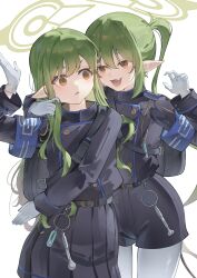 2girls absurdres arm_up blue_archive blue_shirt blue_shorts blue_skirt closed_mouth commentary cowboy_shot fang gloves green_hair green_halo halo highres hikari_(blue_archive) long_hair long_sleeves looking_at_another miku_rasha multiple_girls nozomi_(blue_archive) open_mouth pantyhose playing_with_another&#039;s_hair pleated_skirt pointy_ears shirt shirt_tucked_in shorts simple_background skin_fang skirt symbol-only_commentary twintails white_background white_gloves white_pantyhose