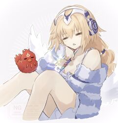1girl angel_wings bird blonde_hair blush closed_eyes coat coat_on_shoulders fate/grand_order fate_(series) fur-trimmed_coat fur_trim headphones highres jeanne_d&#039;arc_(fate) low_twintails metatron_jeanne_(fate) nightgown official_alternate_costume simple_background sleepwear solo suwa_(swk_kkk) twintails white_background wings