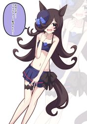 1girl absurdres animal_ears bikini bikini_skirt black_hair blue_bikini blue_flower blue_hat blue_rose blue_skirt blush bow bow_skirt commentary covering_crotch covering_privates dutch_angle flower frown hair_over_one_eye hat hat_flower highres horse_ears horse_girl horse_tail leg_ribbon long_hair looking_at_viewer motti_(motthi0711) navel open_mouth pleated_skirt purple_eyes ribbon rice_shower_(umamusume) rose skirt solo standing sweatdrop swimsuit tail tilted_headwear translated umamusume white_background zoomer_slang