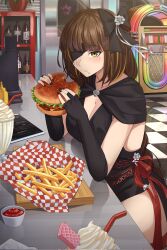 Rule 34 | 1girl, alternate costume, black bow, black cloak, black dress, black gloves, black nails, bow, braid, breasts, brown hair, burger, cleavage, cloak, commentary, commission, crumbs, dress, elbow gloves, english commentary, eyepatch, fingerless gloves, food, french fries, girls&#039; frontline, gloves, hair bow, highres, holding, holding burger, holding food, jukebox, ketchup, long hair, m16a1 (blazer of the trail) (girls&#039; frontline), m16a1 (girls&#039; frontline), medium breasts, nail polish, official alternate costume, rappa (sirrappa), scar, scar on face, second-party source, sitting, solo, yellow eyes