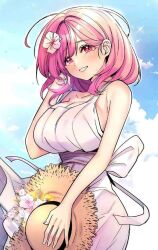 1girl bare_shoulders blue_background blue_sky blush breasts dress female_focus fucked_the_world_tree full_body goo_seul_azalea large_breasts looking_at_viewer sky smile smiley_face white_dress