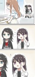 3girls bang_dream! bang_dream!_it&#039;s_mygo!!!!! black_choker black_hair black_jacket blue_skirt choker commentary earrings grey_skirt highres holding holding_leash jacket jewelry leash long_hair lyy medium_hair mole mole_under_eye multiple_girls nagasaki_soyo o-ring o-ring_choker open_mouth purple_eyes shiina_taki shouting single_earring skirt symbol-only_commentary white_jacket yahata_umiri