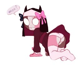1girl :3 bent_over black_bow bow colored_skin demon_girl demon_horns drawfag dress english_text female_focus friday_night_funkin&#039; full_body highres horns loli looking_at_viewer looking_back multicolored_skin nun panties pantyshot pink_bow sarvente_(friday_night_funkin&#039;) simple_background solo talking thighhighs underwear white_background white_eyes