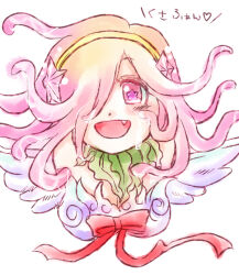 1girl :d blush bow breasts commentary_request fang hair_over_one_eye hairband long_hair looking_at_viewer medium_breasts open_mouth pink_eyes pink_hair ragnarok_online red_bow simple_background smile solo star-shaped_pupils star_(symbol) symbol-shaped_pupils tentacle_hair upper_body wanderer_(ragnarok_online) white_background yellow_hairband yukimushi