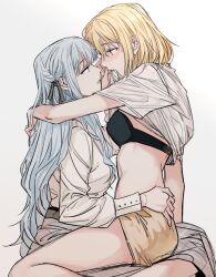 2girls absurdres bang_dream! bang_dream!_it&#039;s_mygo!!!!! black_bra black_ribbon blonde_hair blue_eyes blue_hair blush bra breasts clothes_lift commentary hair_between_eyes hair_ribbon highres kimboogakk77 long_hair long_sleeves medium_breasts medium_hair misumi_uika multiple_girls on_lap open_mouth purple_eyes ribbon shirt shirt_lift short_sleeves sidelocks sitting togawa_sakiko underwear white_shirt yuri
