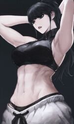 1girl abs adjusting_hair artist_request black_hair character_request navel panties pants underwear
