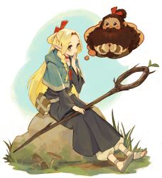 1boy 1girl beard blonde_hair blue_capelet blue_robe blush book braid capelet choker dungeon_meshi dwarf elf facial_hair full_body gamza green_eyes grey_footwear hair_ribbon half_updo hand_to_own_mouth highres holding holding_staff long_hair long_sleeves marcille_donato mushroom mustache own_hands_together pants parted_bangs pointy_ears red_choker red_ribbon ribbon robe rock senshi_(dungeon_meshi) sitting smile staff toeless_footwear twin_braids twitter_username white_pants wide_sleeves