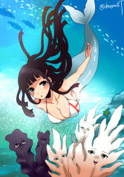 1girl animal artist_name bikini black_hair blush breasts collarbone danganronpa_(series) danganronpa_2:_goodbye_despair dosugon fish komaeda_nagito large_breasts long_hair looking_at_viewer mermaid mole mole_under_eye monster_girl skindentation solo starfish stone swimsuit teeth tongue tsumiki_mikan underwater upper_teeth_only white_bikini