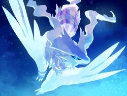 black_sclera blue_background blue_eyes claws closed_mouth colored_sclera dragon full_body fusenryo gen_5_pokemon legendary_pokemon looking_ahead nintendo no_humans pokemon pokemon_(creature) pokemon_focus reshiram solo tail white_fur winged_arms wings