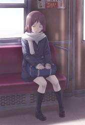1girl bag brown_hair closed_eyes coat female_focus nyaou original scarf short_hair sitting sleeping sleeping_upright solo train train_interior tukisima