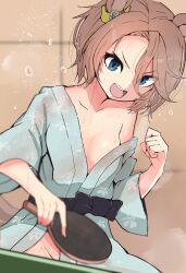 Rule 34 | 1girl, absurdres, akizuki shigure, alternate costume, animal ears, blue eyes, breasts, brown hair, clenched hand, commentary request, ear ornament, floral print, hair between eyes, highres, holding, holding paddle, horse ears, horse girl, horse tail, indoors, japanese clothes, kimono, long sleeves, looking at viewer, narita taishin (umamusume), paddle, short hair, single bare shoulder, small breasts, solo, table tennis, table tennis paddle, tail, teeth, umamusume, upper body, upper teeth only, v-shaped eyebrows, yukata