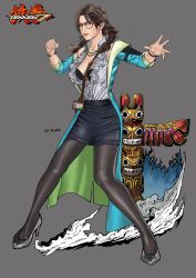 1girl absurdres black_bra black_legwear black_skirt bra brown_eyes brown_hair coat formal_clothes glasses high_heels highres julia_chang knees_together_feet_apart miniskirt namco open_clothes open_shirt oskuek pencil_skirt skirt skirt_suit suit tekken tekken_7 tight_skirt totem underwear