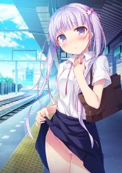 10s 1girl bad_id bad_pixiv_id bag blush breasts clothes_lift cloud day exhibitionism female_focus flower hair_flower hair_ornament hirari lifting_own_clothes long_hair looking_at_viewer new_game! no_panties nude open_mouth pleated_skirt public_indecency purple_eyes purple_hair pussy pussy_peek railroad_tracks school_uniform shirt shoulder_bag skirt skirt_lift sky small_breasts solo suzukaze_aoba sweat tactile_paving train_station twintails white_shirt