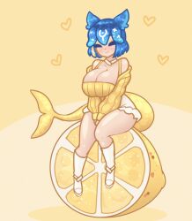 1girl animal_ears animated bao_(vtuber) blue_hair bouncing bouncing_breasts breasts cleavage closed_eyes closed_mouth food fruit huge_breasts indie_virtual_youtuber lemon limebreaker solo tail virtual_youtuber