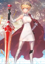 1girl armor armored_boots armored_gloves armored_legwear asymmetrical_armor asymmetrical_gloves black_gloves black_leggings blonde_hair boots bracer breasts cape closed_mouth dress elbow_gloves fate/grand_order fate_(series) feet_out_of_frame game_cg gareth_(fate) gareth_(swimsuit_saber)_(fate) gareth_(swimsuit_saber)_(third_ascension)_(fate) gloves glowing glowing_weapon gorget green_eyes hand_on_hilt hand_on_own_hip hand_up high_collar huge_weapon leggings legs_apart looking_at_viewer medium_breasts mismatched_gloves nekotawawa official_art pauldrons planted planted_sword planted_weapon red_cape robigus_ironside short_dress short_hair shoulder_armor side_cape single_bare_shoulder single_pauldron sleeveless sleeveless_dress smile solo standing sword third-party_source tree v-shaped_eyebrows weapon white_dress white_gloves