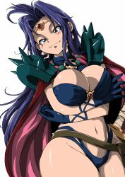 Rule 34 | 1girl, armor, arms under breasts, blue eyes, blue gloves, blue panties, blush, breasts, cape, circlet, cleavage, closed mouth, cowboy shot, earrings, eyelashes, female focus, gem, gloves, groin, hair intakes, highleg, highleg panties, highres, jewelry, large breasts, long hair, looking at viewer, moyamu, naga the serpent, navel, necklace, panties, pauldrons, purple hair, red cape, shoulder armor, simple background, skull, skull necklace, slayers, smile, solo, spikes, straight hair, sword, underwear, weapon, white background