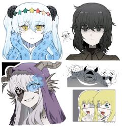 2boys 5girls absurdres asdf1211950 black_eyes black_hair black_souls black_souls_2 blackwell_(black_souls) blonde_hair blue_eyes blue_fire brown_eyes closed_mouth dragon_horns eyepatch fins fire flaming_eye grimm_(black_souls) grin head_fins hein_(black_souls) heterochromia highres horns jabberwock_(black_souls) kuti_(black_souls) long_hair medical_eyepatch miranda_(black_souls) multiple_boys multiple_girls nautilus_(animal) parted_lips purple_veil red_eyes ringed_eyes short_hair sidelocks simple_background smile tentacle_hair tweedle_dee_(black_souls) twintails veil white_background white_hair yellow_eyes
