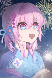 1girl absurdres alternate_costume blue_eyes blue_kimono commentary fireworks flower_ornament hair_ornament highres holding holding_fireworks honkai:_star_rail honkai_(series) japanese_clothes kimono looking_up march_7th_(honkai:_star_rail) medium_hair multicolored_eyes odiroid open_mouth pink_eyes pink_hair smile solo symbol-only_commentary teeth twitter_username two-tone_eyes upper_body upper_teeth_only yukata