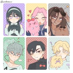 &gt;_&lt; ... 3boys 3girls ? absurdres adjusting_eyewear alien_stage animal animalization black_eyes black_fur black_gloves black_hair blonde_hair bow brown_fur brown_hair chinese_commentary choker coldmeow colored_extremities colored_eyelashes commentary_request dark-skinned_female dark_skin dog eyewear_on_head fang gloves green_eyes grey_eyes grey_fur grey_hair hairband hand_on_eyewear heart highres holding holding_animal holding_dog hyuna_(alien_stage) ivan_(alien_stage) luka_(alien_stage) mizi_(alien_stage) multiple_boys multiple_girls one_eye_closed person_and_animalization pink_fur pink_hair pomeranian_(dog) purple_bow purple_eyes red_bow red_pupils signature smile spoken_ellipsis sua_(alien_stage) sunglasses till_(alien_stage) tongue tongue_out white_bow white_gloves white_hairband yellow_eyes yellow_fur