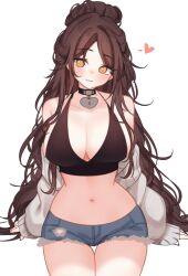 1girl absurdres black_choker black_tank_top blue_shorts blush breasts brown_eyes brown_hair choker cleavage closed_mouth collarbone crop_top denim denim_shorts hands_on_ground hazel_eyes heart heart_choker highres indie_virtual_youtuber large_breasts long_hair navel off-shoulder_sweater off_shoulder shorts sitting sky_above_me sky_above_me_(vtuber) smile solo sweater swept_bangs tank_top torn_clothes torn_shorts very_long_hair virtual_youtuber white_background white_sweater