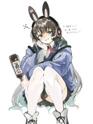 Rule 34 | 1girl, animal ear headphones, animal ears, black hair, black skirt, blue eyes, blue jacket, blush, boots, bottle, collared shirt, commentary request, drunk, fake animal ears, feet out of frame, hand on own chin, headphones, holding, holding bottle, jacket, konabetate, long hair, long sleeves, looking at viewer, miniskirt, neck ribbon, nijisanji, oekaki, open mouth, pleated skirt, rabbit ear headphones, red ribbon, ribbon, shirt, simple background, sitting, skirt, smile, solo, squeans, thighhighs, translation request, tsukino mito, tsukino mito (idol 2.0), virtual youtuber, white shirt, white thighhighs