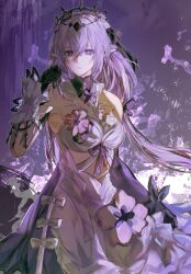 1girl black_tiara breasts castorice_(honkai:_star_rail) dress flower flower_ornament gloves hair_flower hair_ornament hashtag-only_commentary highres honkai:_star_rail honkai_(series) long_hair medium_breasts parted_lips pointy_ears purple_background purple_eyes purple_gloves purple_hair tiara white_dress yanyuwanyyw